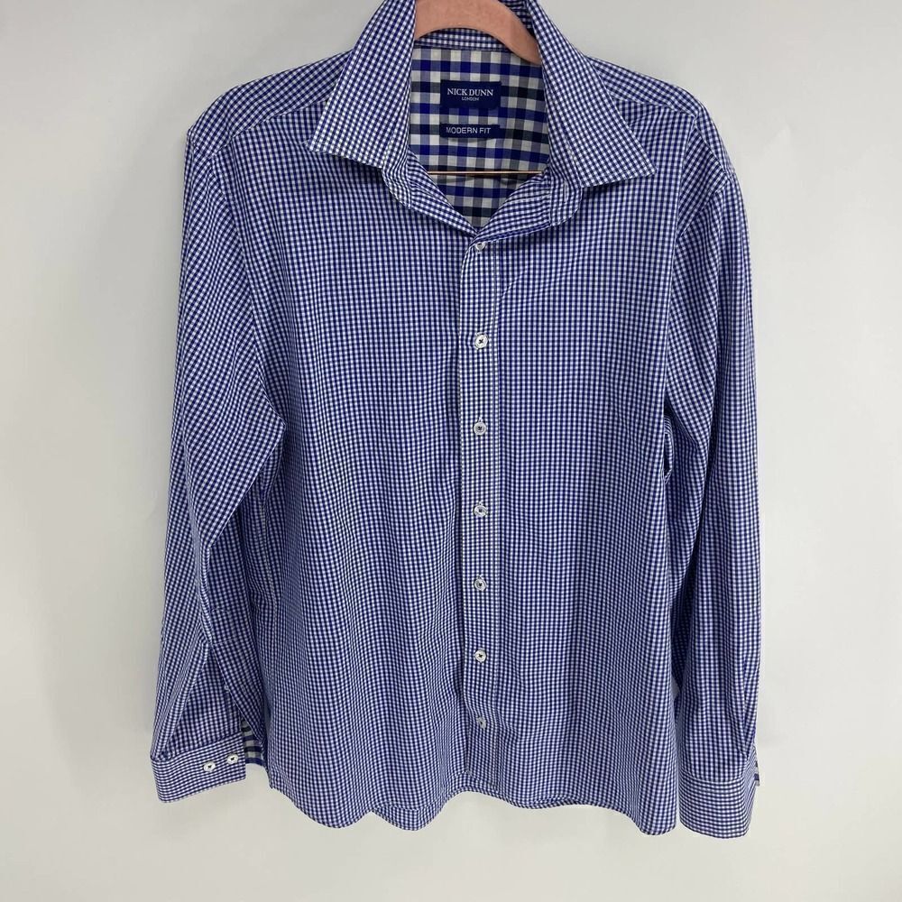 Nick Dunn Blue White check Modern Fit full button long sleeve shirt mens M